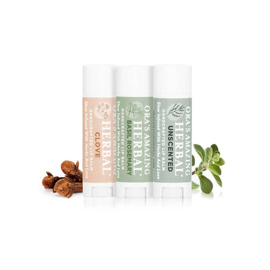 Natural Lip Balm 3 Pack, Clove, Basil Rosemary, Unscented | Ora's Amazing Herbal | Double Verified Clean | Daily Ritual Lab