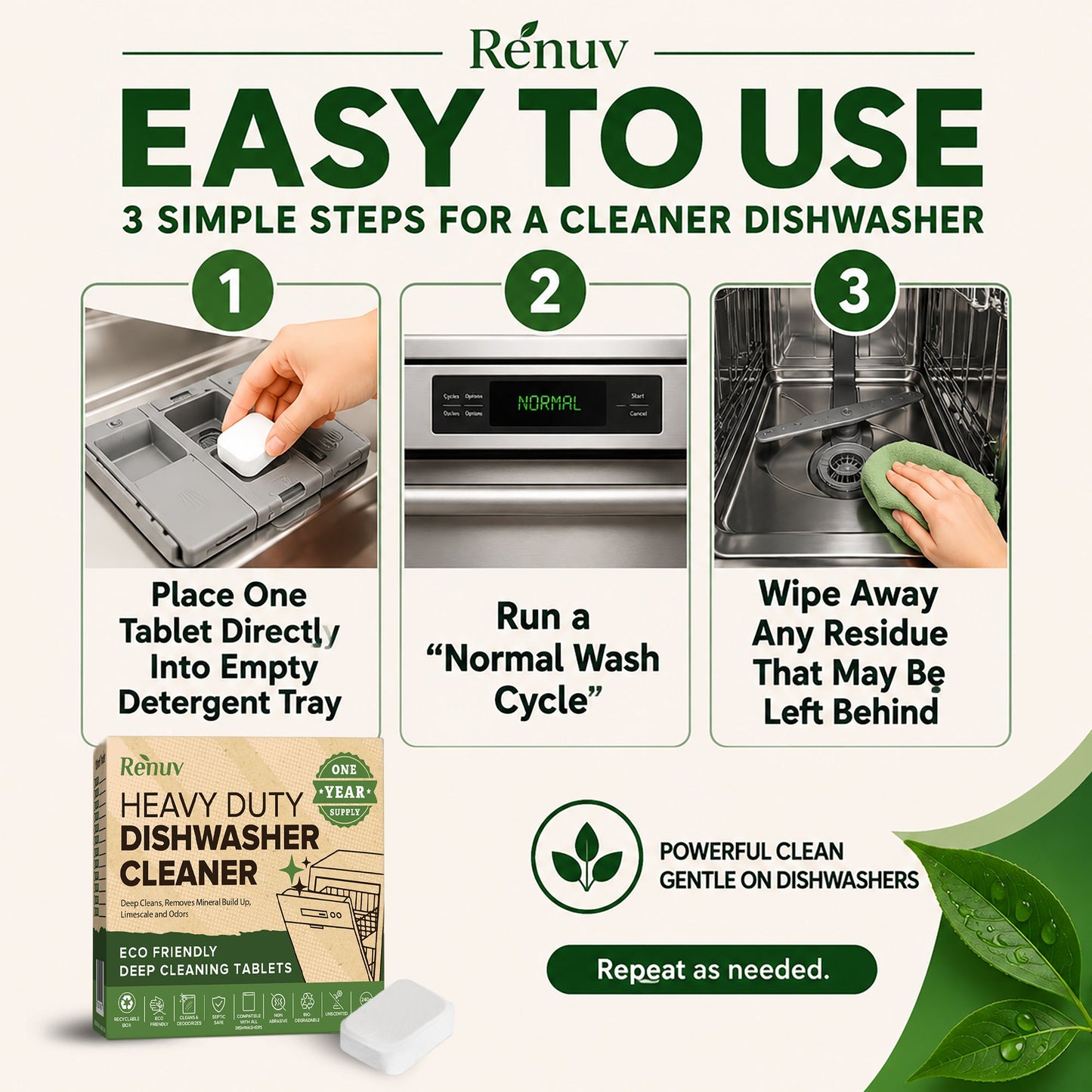 Dishwasher Cleaner and Deodorizer Tablets | Renuv | AI-Verified Clean