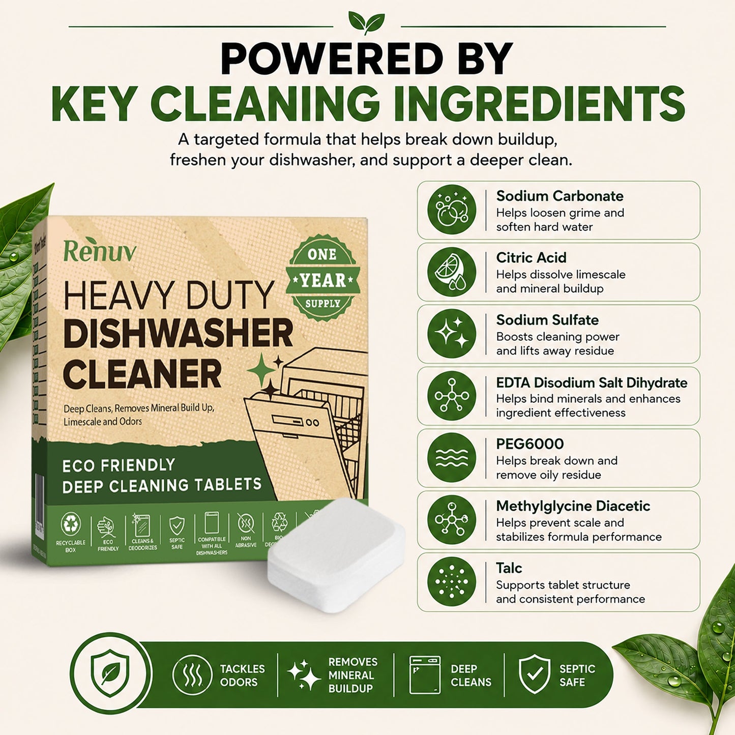 Dishwasher Cleaner and Deodorizer Tablets | Renuv | AI-Verified Clean